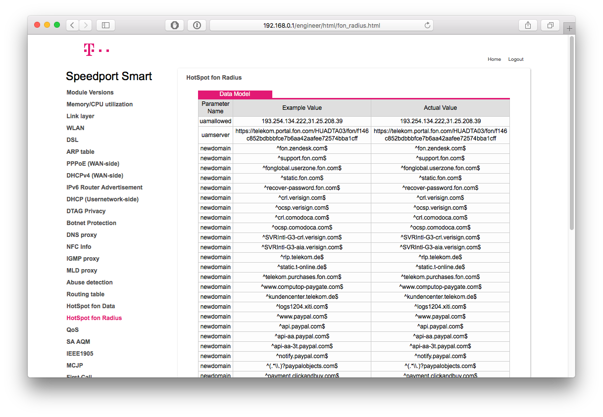 Screenshot of the Speedport's hidden control panel, showing a list of what suspicously looks like regular expressions.